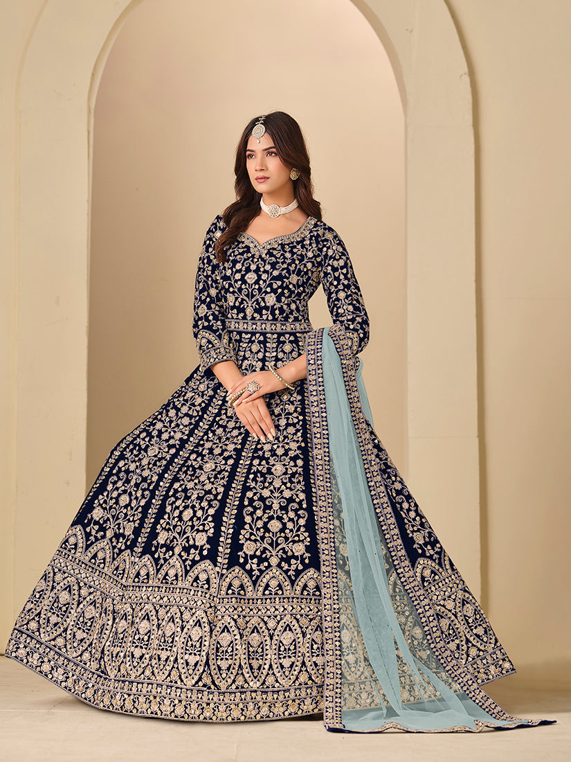 Monjolika Fashion Velvet Embroidered Navy Blue Engagement Wear Anarkali Suit - Distacart