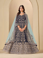 Thumbnail for Monjolika Fashion Velvet Embroidered Navy Blue Engagement Wear Anarkali Suit - Distacart
