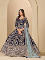 Thumbnail for Monjolika Fashion Velvet Embroidered Navy Blue Engagement Wear Anarkali Suit - Distacart