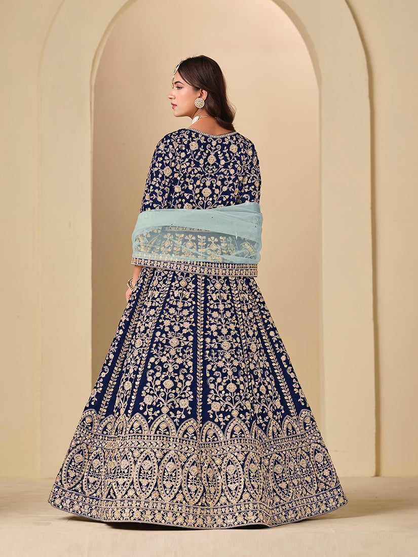 Monjolika Fashion Velvet Embroidered Navy Blue Engagement Wear Anarkali Suit - Distacart
