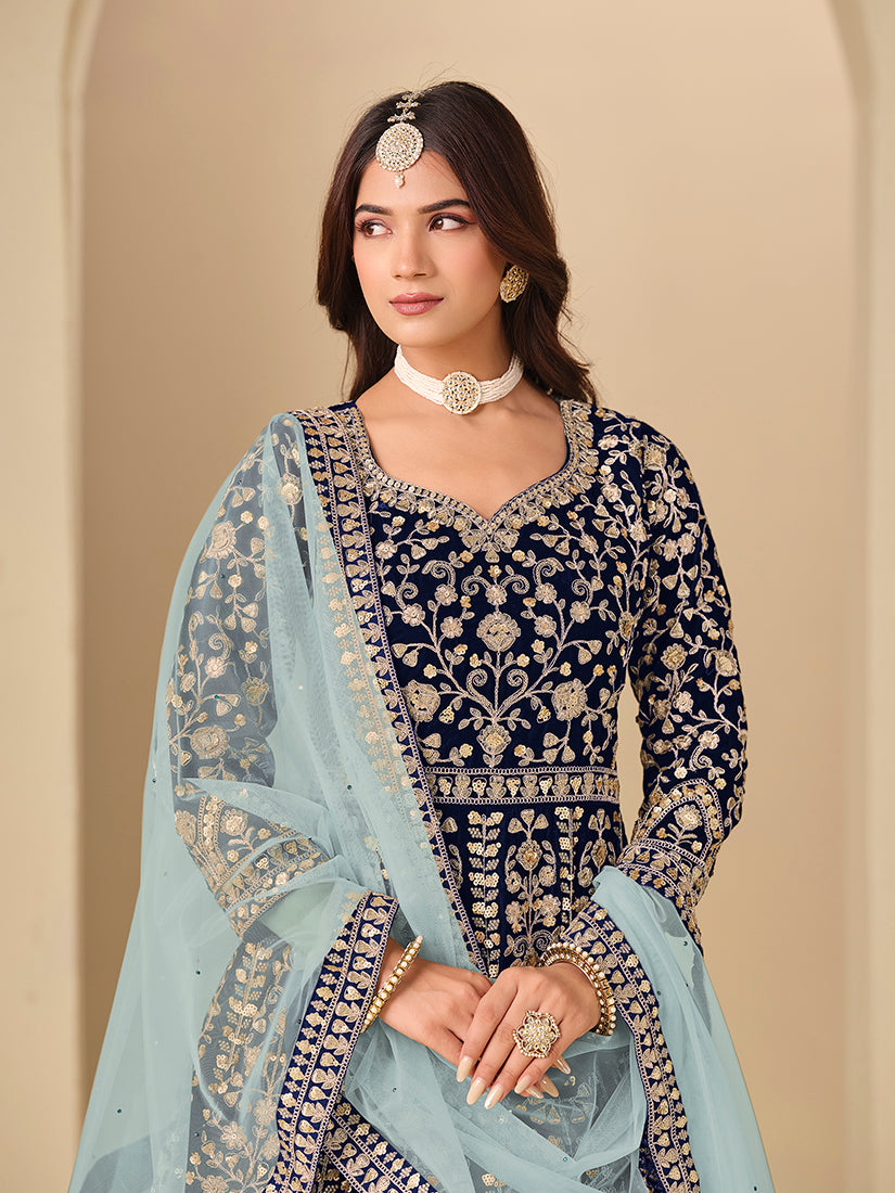 Monjolika Fashion Velvet Embroidered Navy Blue Engagement Wear Anarkali Suit - Distacart