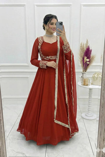Yash Enterprise Dark Orange Georgette Party Wear Anarkali Suit Set - Dista