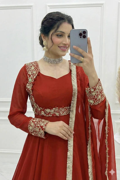 Yash Enterprise Dark Orange Georgette Party Wear Anarkali Suit Set - Dista