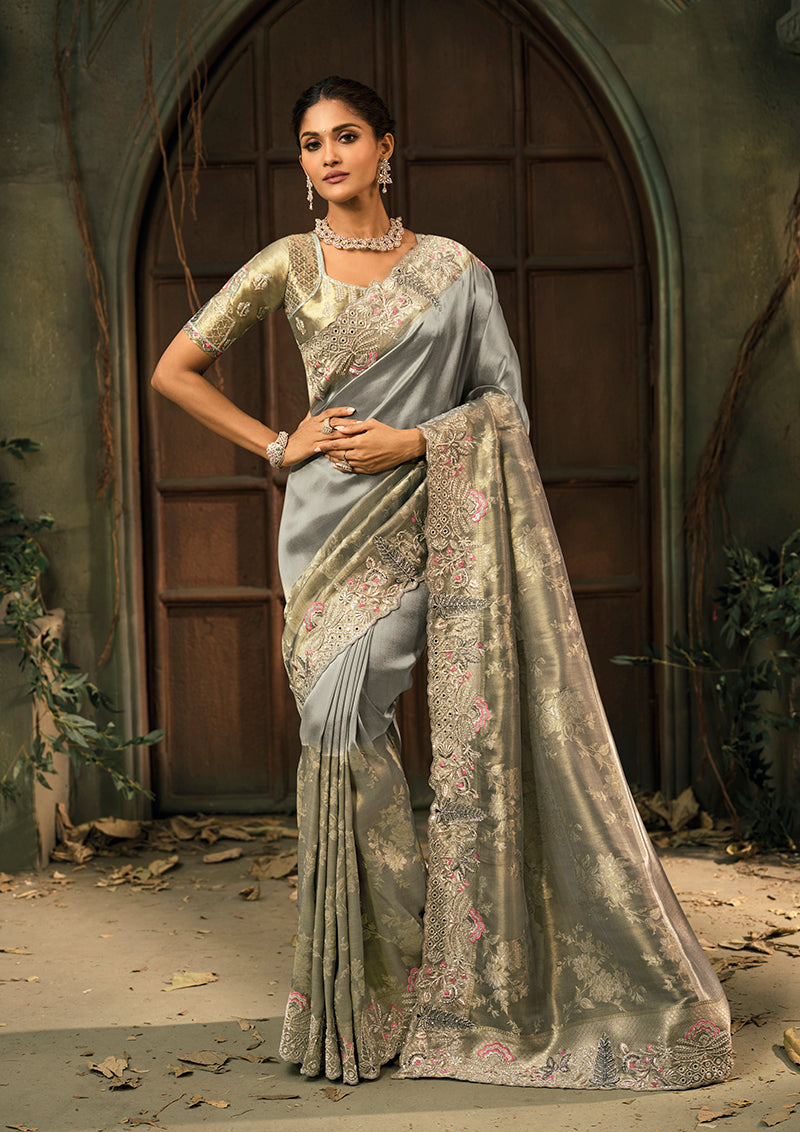 Monjolika Fashion Grey Silk Blend Saree With Embroidered Jari And Cut-Dana Work - Distacart