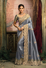 Thumbnail for Monjolika Fashion Slate Grey Silk Blend Saree With Embroidered Jari And Cut-Dana Work - Distacart