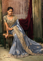 Thumbnail for Monjolika Fashion Slate Grey Silk Blend Saree With Embroidered Jari And Cut-Dana Work - Distacart