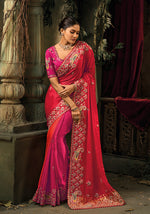 Thumbnail for Monjolika Fashion Rani Pink & Red Silk Blend Saree With Embroidered Jari And Cut-Dana Work - Distacart