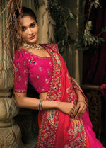 Thumbnail for Monjolika Fashion Rani Pink & Red Silk Blend Saree With Embroidered Jari And Cut-Dana Work - Distacart