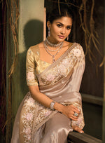 Thumbnail for Monjolika Fashion Chiku Silk Blend Saree With Embroidered Jari And Cut-Dana Work - Distacart