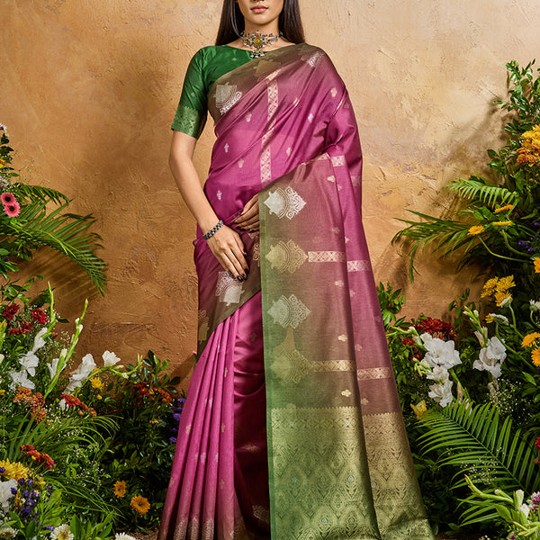 Monjolika Fashion Weaving Handloom Silk Blend Magenta Pink Contemporary Saree - Distacart