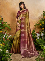 Thumbnail for Monjolika Fashion Weaving Handloom Silk Blend Mehendi Green Contemporary Saree - Distacart