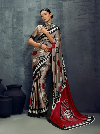 Monjolika Fashion Satin Dark Beige Printed Casual Saree - Distacart