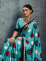 Thumbnail for Monjolika Fashion Satin Aqua Blue Printed Casual Saree - Distacart