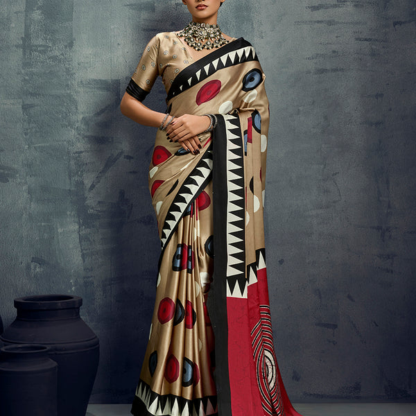 Monjolika Fashion Satin Chiku Printed Casual Saree - Distacart
