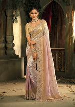 Thumbnail for Monjolika Fashion Cream And Pink Silk Blend Wedding Saree With Cut Dana, Embroidered, Moti And Zari Work - Distacart