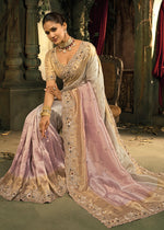Thumbnail for Monjolika Fashion Cream And Pink Silk Blend Wedding Saree With Cut Dana, Embroidered, Moti And Zari Work - Distacart