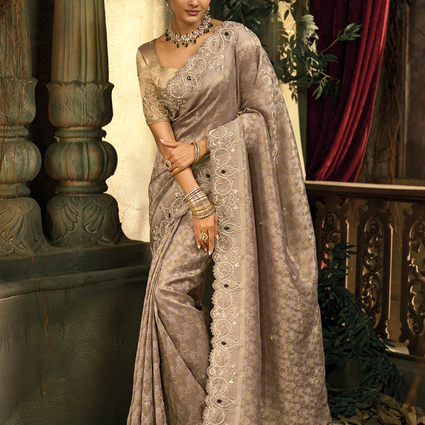 Monjolika Fashion Light Brown Silk Blend Wedding Saree With Cut Dana, Embroidered, Moti And Zari Work - Distacart