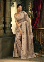 Thumbnail for Monjolika Fashion Light Brown Silk Blend Wedding Saree With Cut Dana, Embroidered, Moti And Zari Work - Distacart