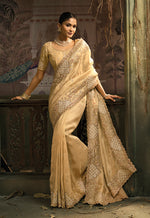 Thumbnail for Monjolika Fashion Beige Silk Blend Wedding Saree With Cut Dana, Embroidered, Moti And Zari Work - Distacart