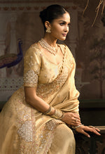 Thumbnail for Monjolika Fashion Beige Silk Blend Wedding Saree With Cut Dana, Embroidered, Moti And Zari Work - Distacart