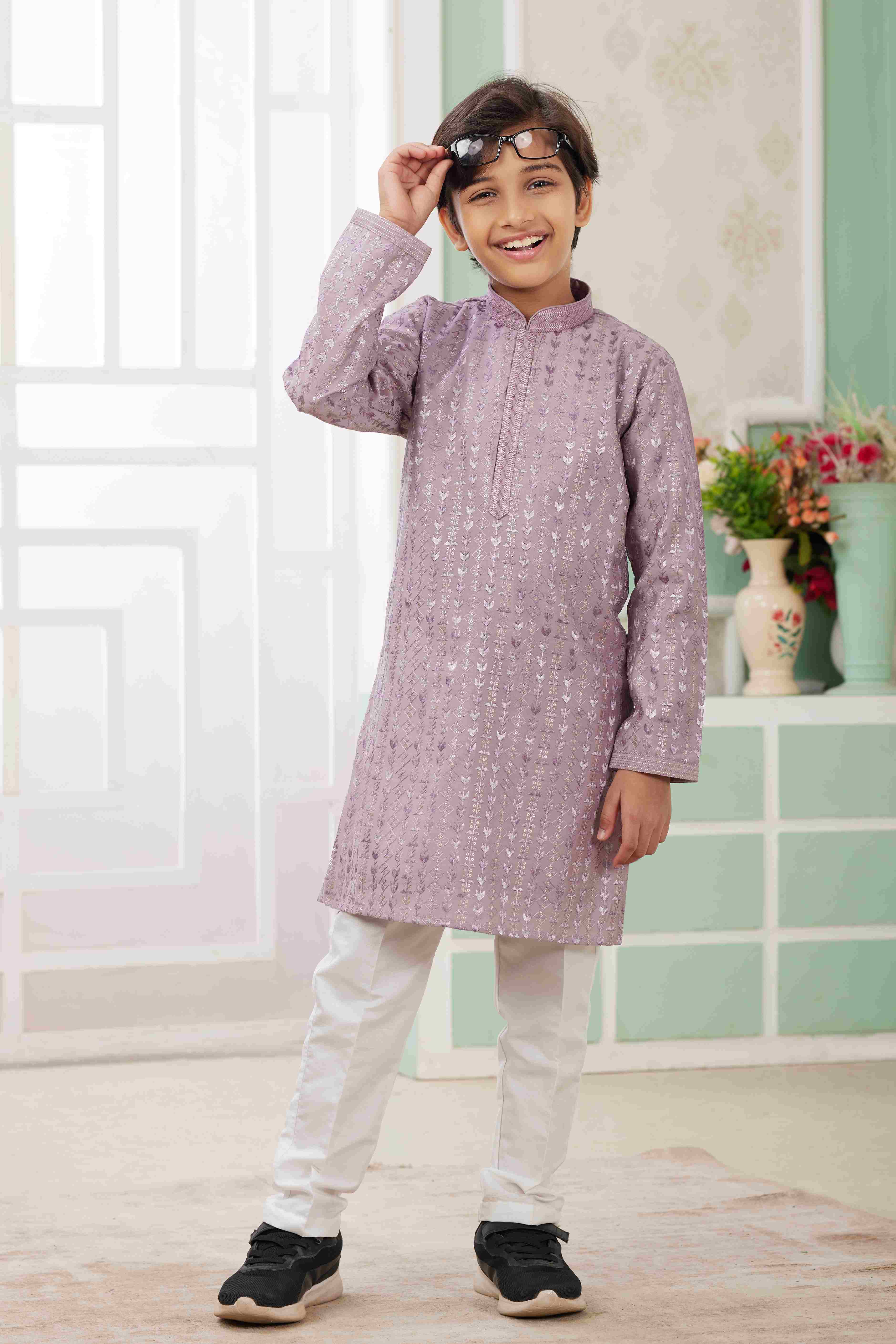 Raivat Ethnic Art Silk Embroidery Work Kids Kurta Pajama In Lilac Colour - Distacart