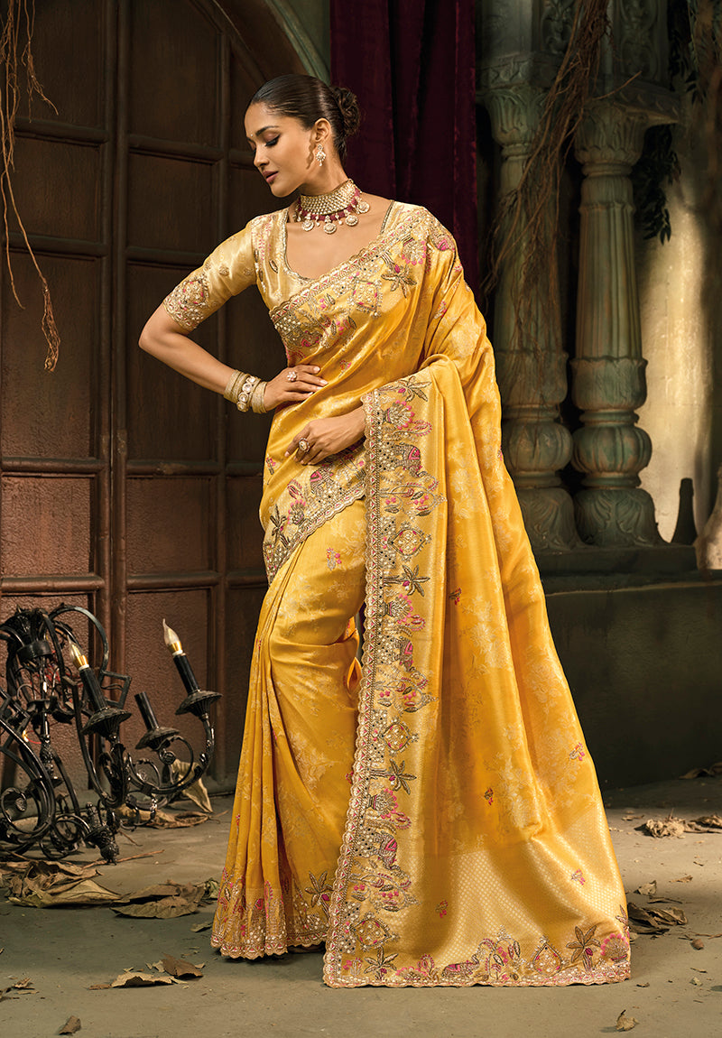 Monjolika Fashion Mustard Silk Blend Wedding Saree With Cut Dana, Embroidered, Moti And Zari Work - Distacart