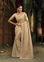 Thumbnail for Monjolika Fashion Cream Silk Blend Wedding Saree With Cut Dana, Embroidered, Moti And Zari Work - Distacart