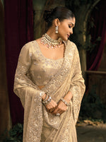 Thumbnail for Monjolika Fashion Cream Silk Blend Wedding Saree With Cut Dana, Embroidered, Moti And Zari Work - Distacart