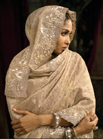 Thumbnail for Monjolika Fashion Cream Silk Blend Wedding Saree With Cut Dana, Embroidered, Moti And Zari Work - Distacart