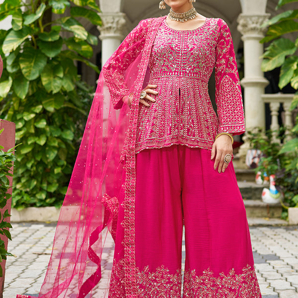 Monjolika Fashion Chinon Embroidered Rani Pink Readymade Palazzo Kameez - Distacart