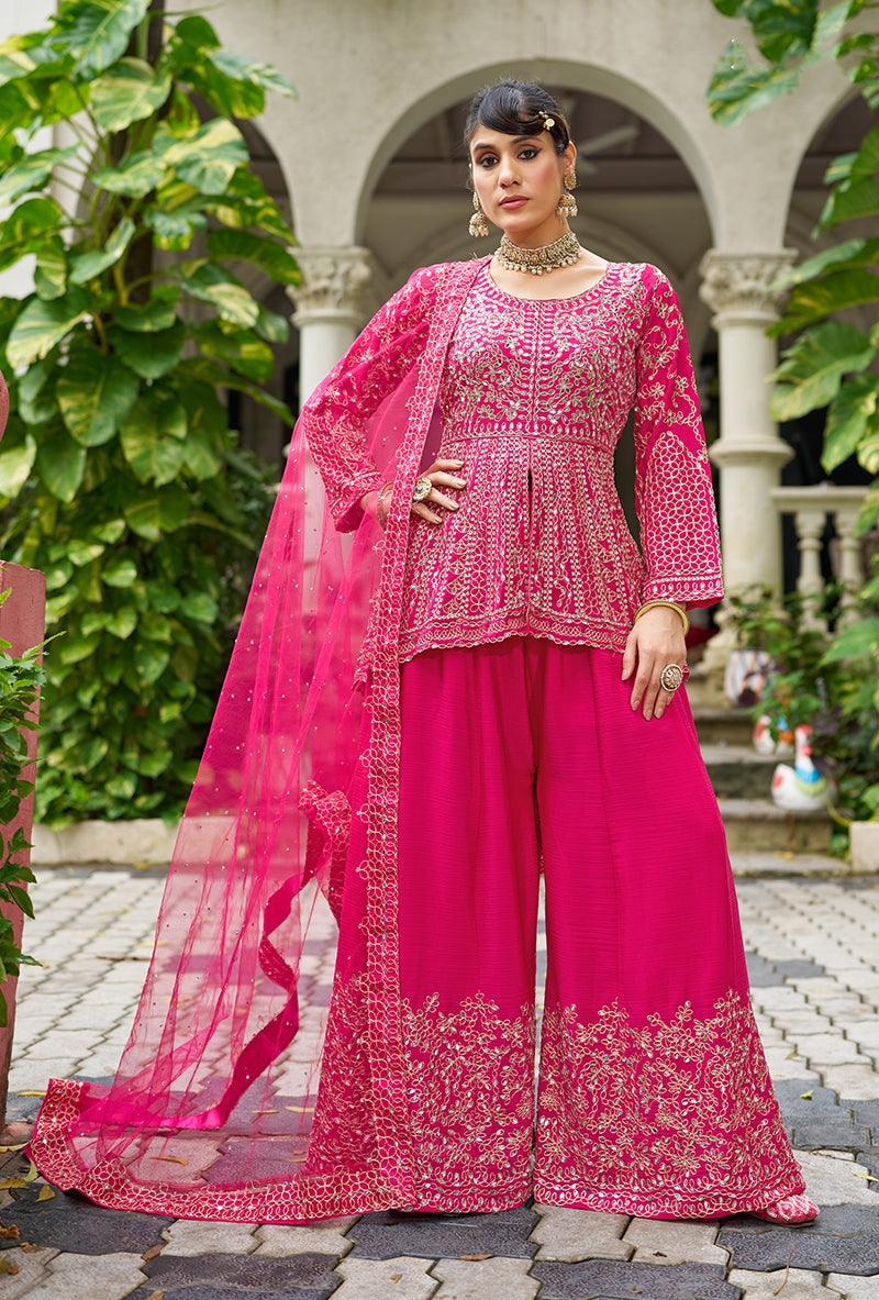 Monjolika Fashion Chinon Embroidered Rani Pink Readymade Palazzo Kameez - Distacart