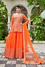 Thumbnail for Monjolika Fashion Chinon Embroidered Orange Readymade Palazzo Kameez - Distacart