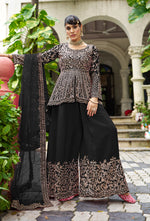 Thumbnail for Monjolika Fashion Chinon Embroidered Black Readymade Palazzo Kameez - Distacart