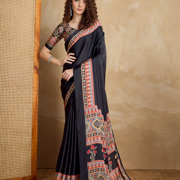 Monjolika Fashion Black Printed Satin Saree - Distacart