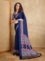Thumbnail for Monjolika Fashion Navy Blue Printed Satin Saree - Distacart
