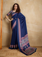 Thumbnail for Monjolika Fashion Navy Blue Printed Satin Saree - Distacart