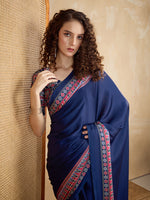 Thumbnail for Monjolika Fashion Navy Blue Printed Satin Saree - Distacart