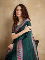 Thumbnail for Monjolika Fashion Dark Green Printed Satin Saree - Distacart