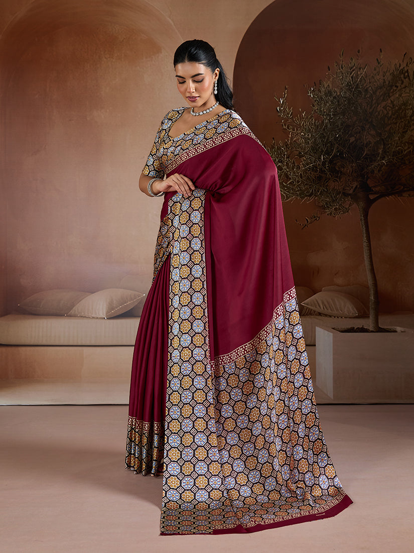 Monjolika Fashion Burgundy Printed Satin Saree - Distacart