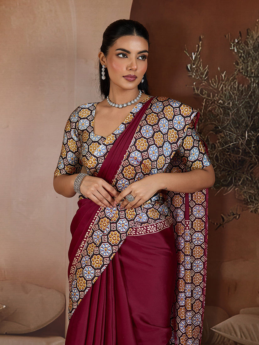 Monjolika Fashion Burgundy Printed Satin Saree - Distacart