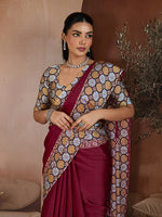 Thumbnail for Monjolika Fashion Burgundy Printed Satin Saree - Distacart