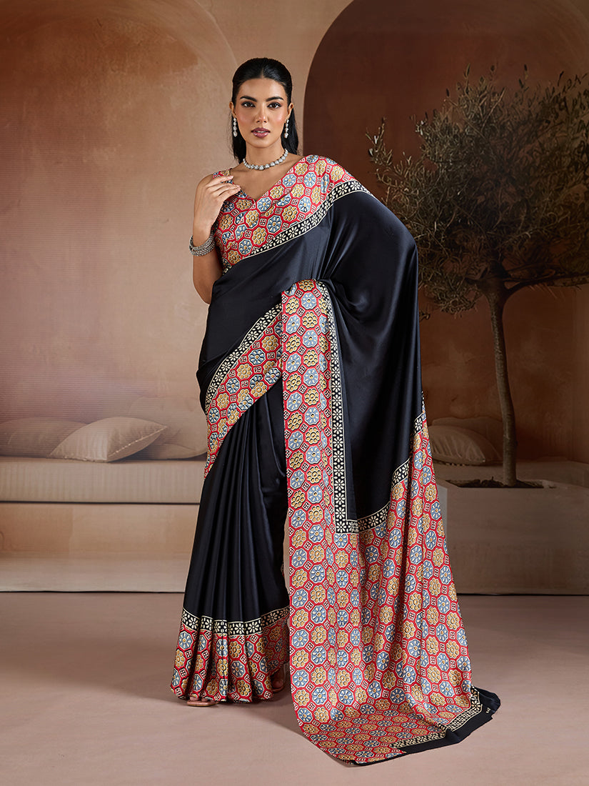 Monjolika Fashion Black Printed Satin Saree - Distacart