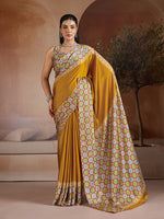 Thumbnail for Monjolika Fashion Mustard Printed Satin Saree - Distacart