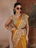 Thumbnail for Monjolika Fashion Mustard Printed Satin Saree - Distacart