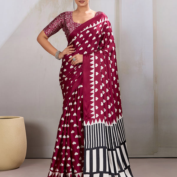 Monjolika Fashion Maroon Printed Satin Saree - Distacart
