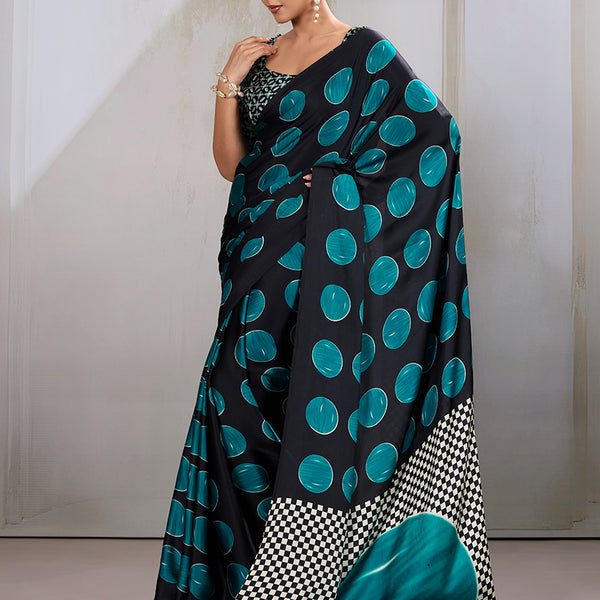 Monjolika Fashion Black & Teal Satin Printed Saree - Distacart