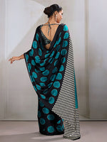 Thumbnail for Monjolika Fashion Black & Teal Satin Printed Saree - Distacart