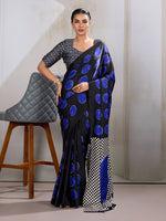Thumbnail for Monjolika Fashion Black & Blue Satin Printed Saree - Distacart