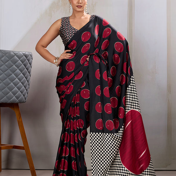 Monjolika Fashion Black & Red Satin Printed Saree - Distacart