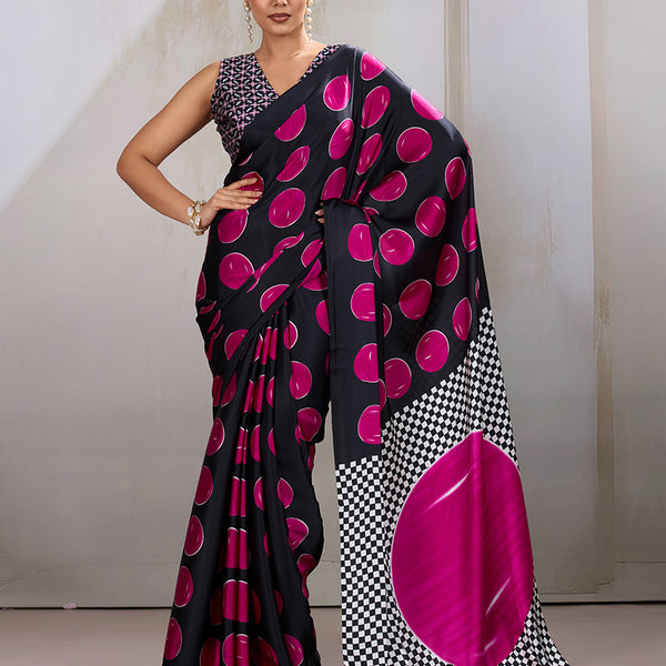 Monjolika Fashion Black & Hot Pink Satin Printed Saree - Distacart